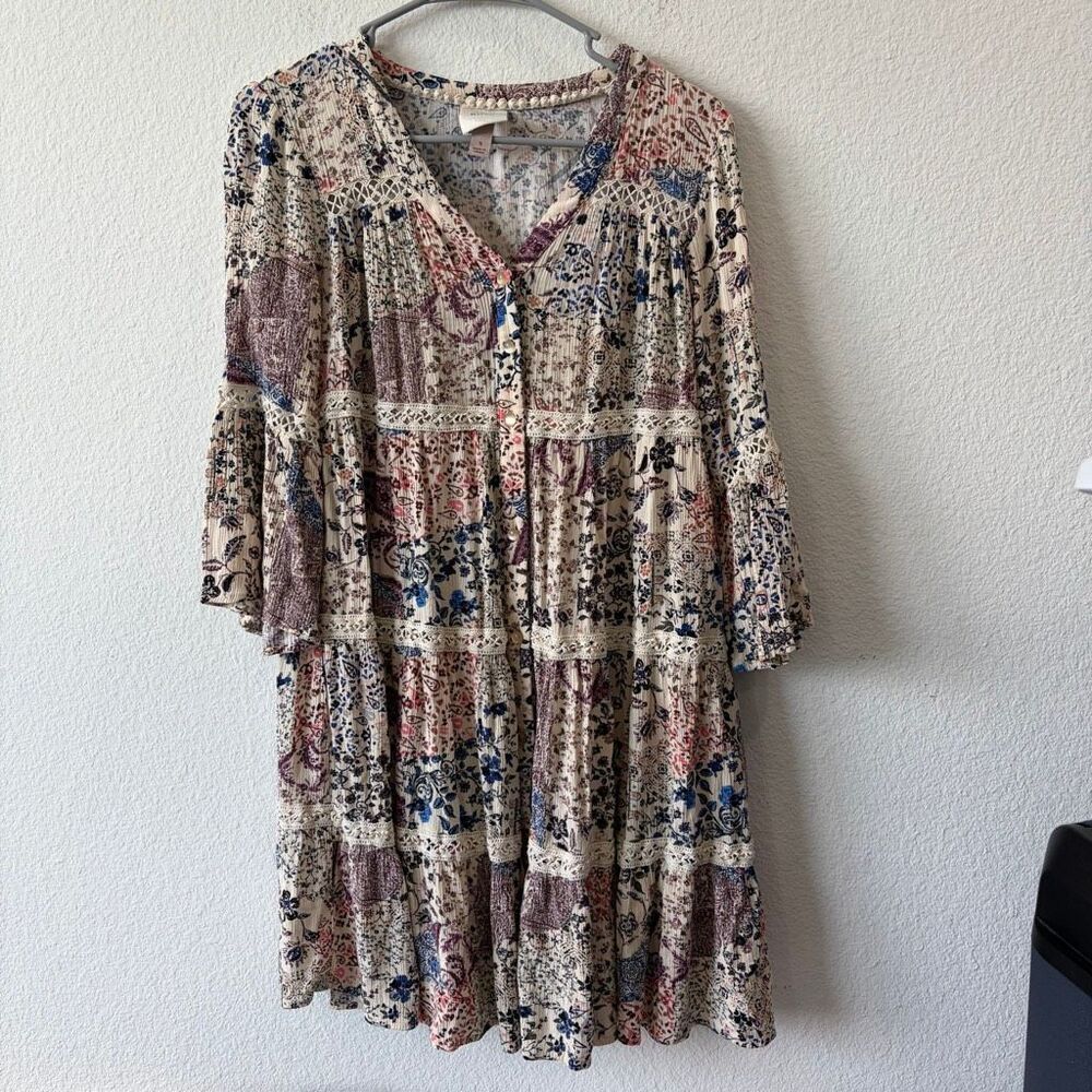 Knox Rose Patchwork Boho Tiered Lace Dress Size S